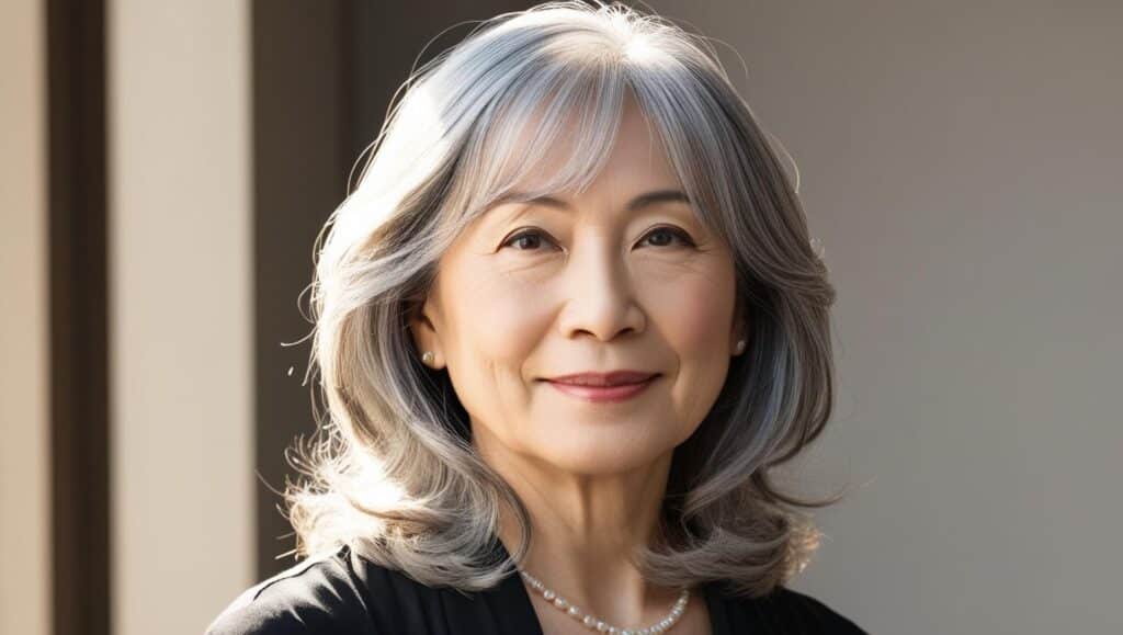 A woman over 50 with shoulder-length, slightly wavy hair and wispy bangs. Her silver-gray hair shines under natural daylight, giving a soft, ethereal look."