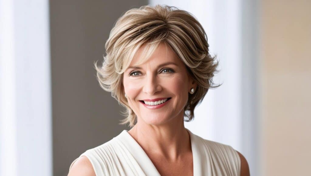 A stylish woman in her 50s with a medium-length haircut featuring soft, wispy layers. Her light brown hair with subtle blonde highlights flows naturally, giving a feathered, airy look. She has a warm smile, and her hair is softly styled with volume at the crown. The background is softly blurred with natural lighting, creating a fresh and modern aesthetic.