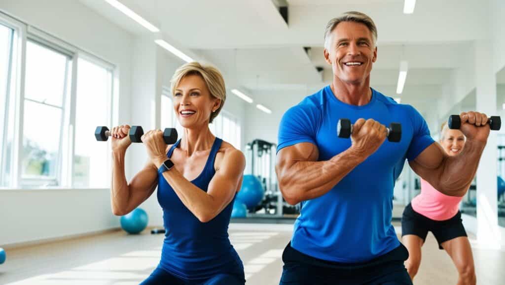 Mature couple working out in gym.