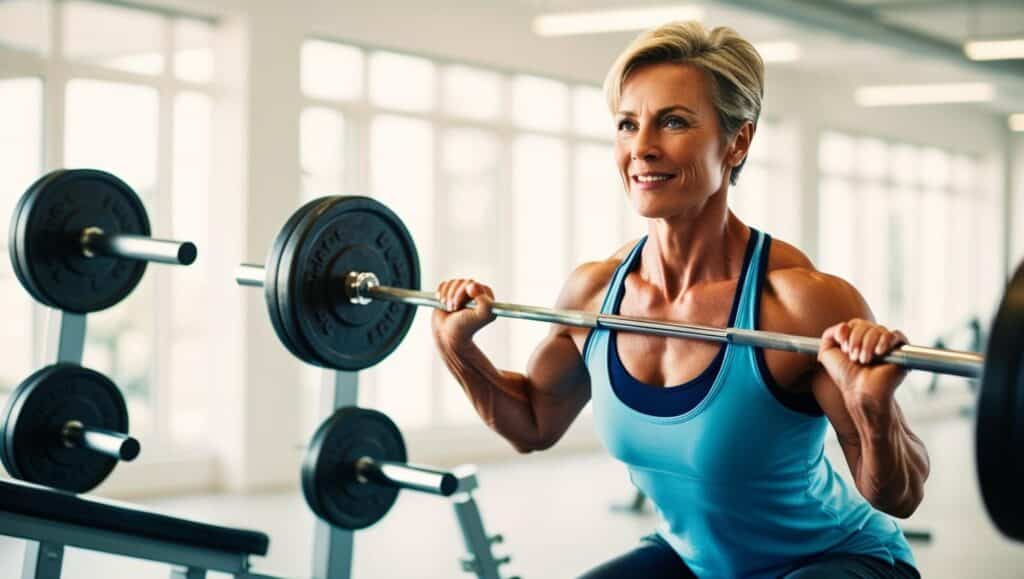 60 year old woman lifting weights in gym. How to Start Strength Training at 60+