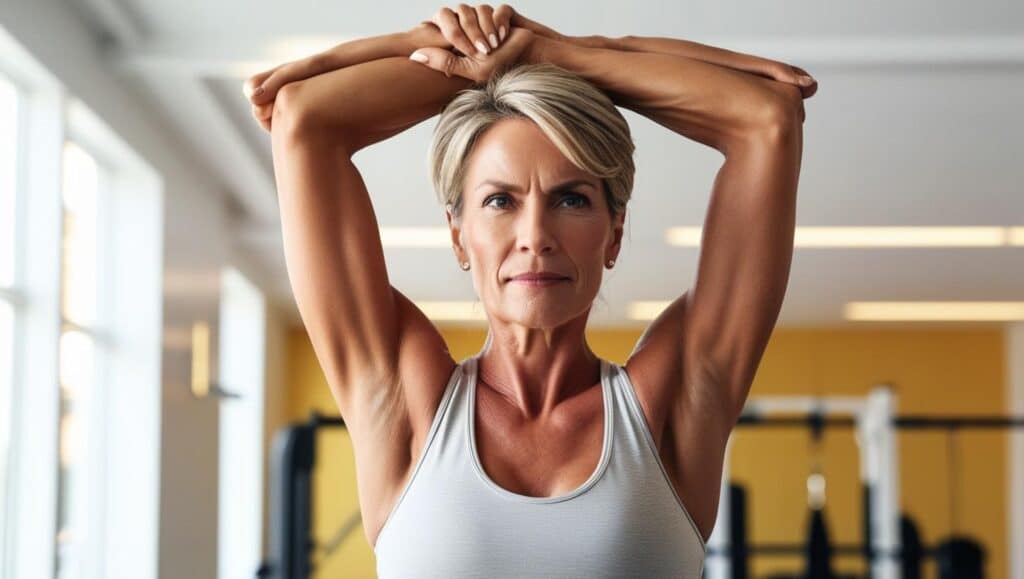 60 year old woman stretching in gym. How to Start Strength Training at 60+