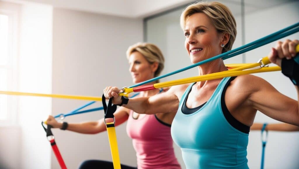 60 year old woman using resistance bands in studio gym.