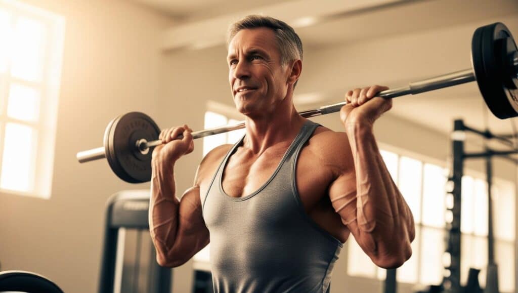 60 yr old man lifting weights in gym.