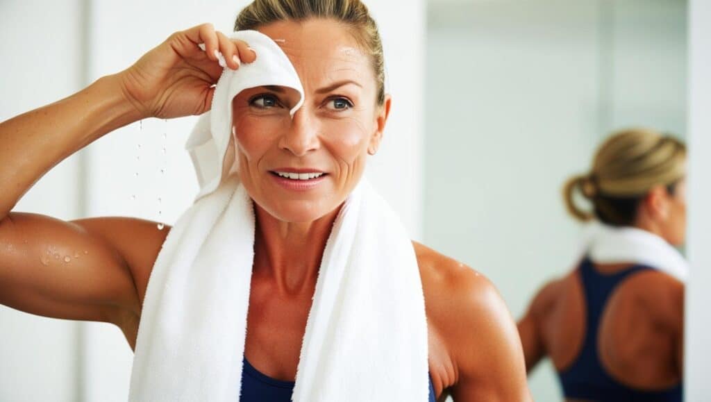 60 yr old woman wiping off sweat after working out.