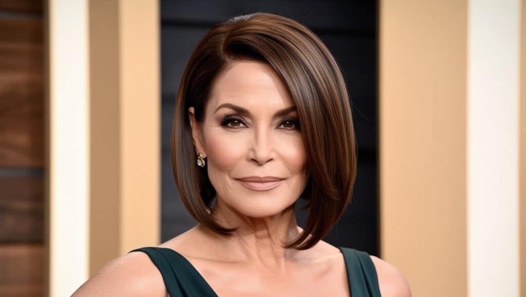 A 64-year-old woman with thick brown hair in an angled bob with side part, sleek styling, soft makeup, sophisticated expression