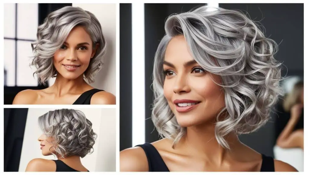 Trendy woman over 50 with curly hair in an asymmetrical lob, one side longer, silver fox color