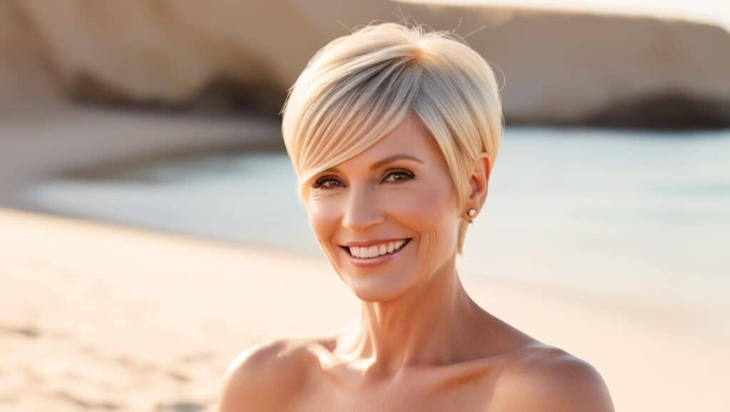 A 62-year-old woman with fine silver hair in an asymmetrical pixie cut with longer fringe on one side, professional styling, soft natural makeup, bright smile. Beach setting.