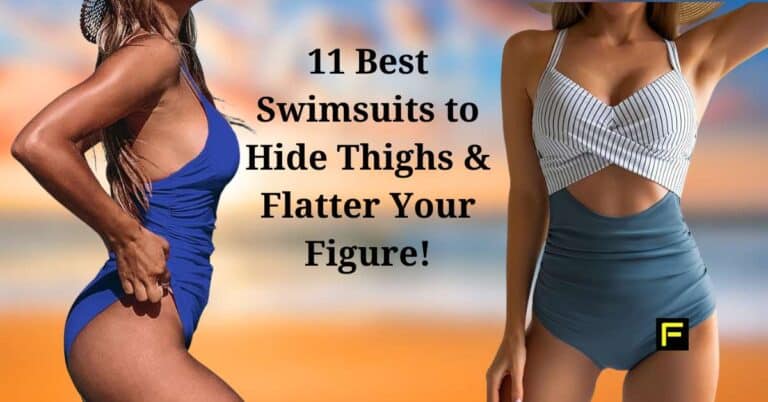 Swimsuits model on beach. Best Swimsuits to Hide Thighs.