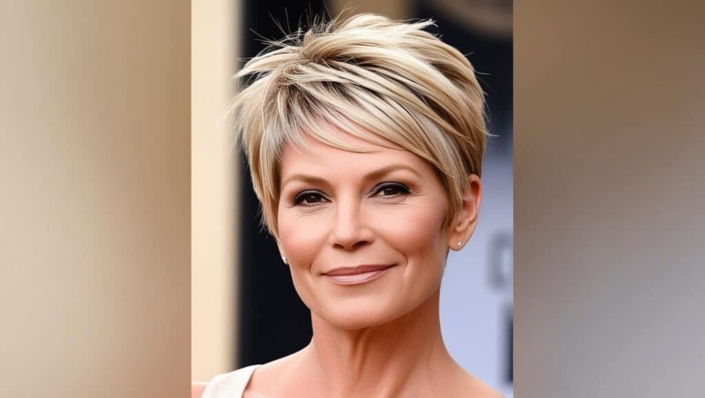 A 63-year-old woman with thick blond hair in a choppy pixie cut with volume at the crown, textured styling, minimal makeup, modern appearance.