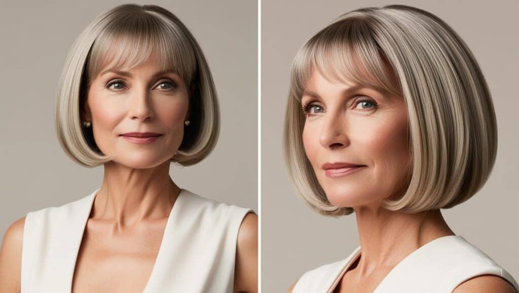 A 64-year-old woman with fine ash-blonde hair in a curved bob with soft bangs, gentle waves, natural styling, minimal makeup.