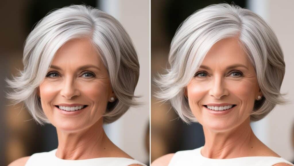 A 65-year-old woman with fine silver-white hair in a jaw-length bob with wispy layers, soft movement, professional styling, natural makeup