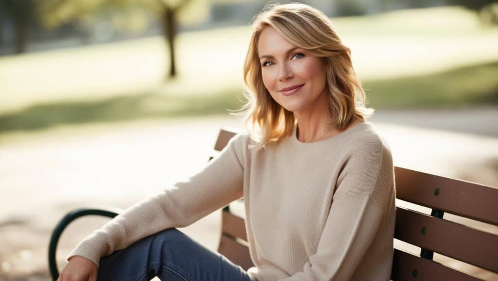 Woman over 50 with fine hair in a layered shoulder-length cut, styled with soft waves, warm blonde color