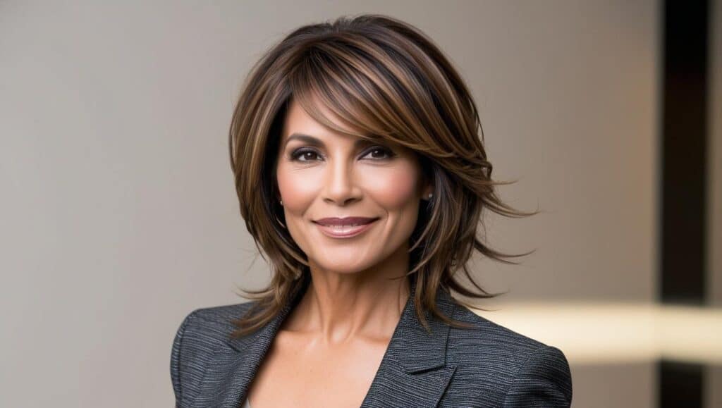 Confident woman over 50 with wavy hair in a layered cut with side bangs, tousled waves, dimensional brunette color