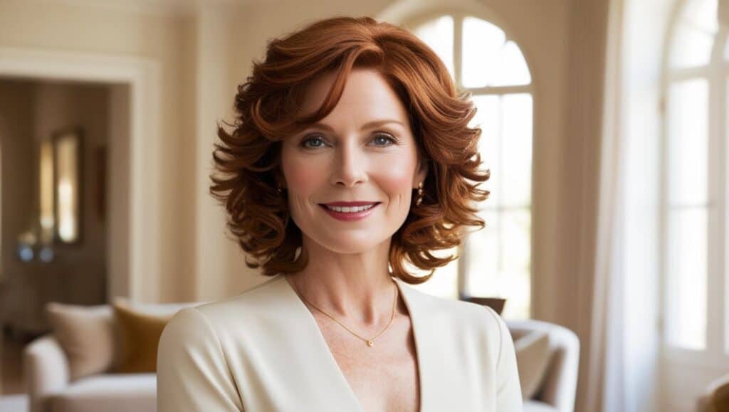 Elegant woman over 50 with curly hair in a medium-length cut with face-framing layers, styled naturally, auburn color