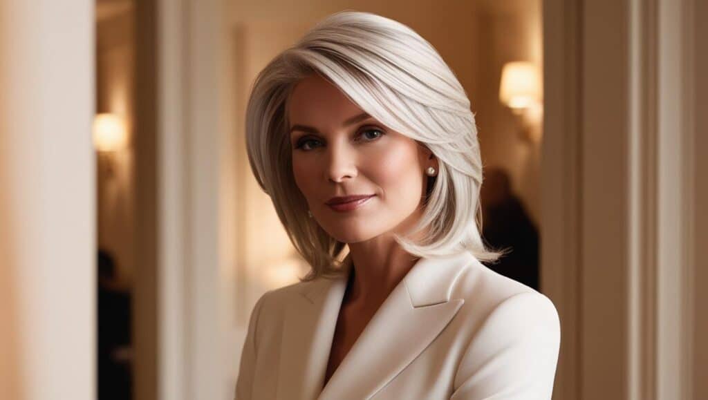 Elegant woman over 50 with thick hair in a medium-length cut with internal layers, smooth style, platinum blonde color