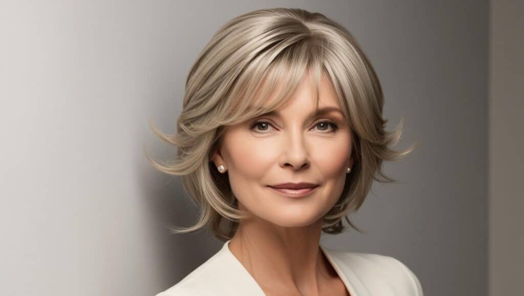 Elegant woman over 50 with wavy hair in a medium-length cut with wispy bangs, soft waves, ash blonde color