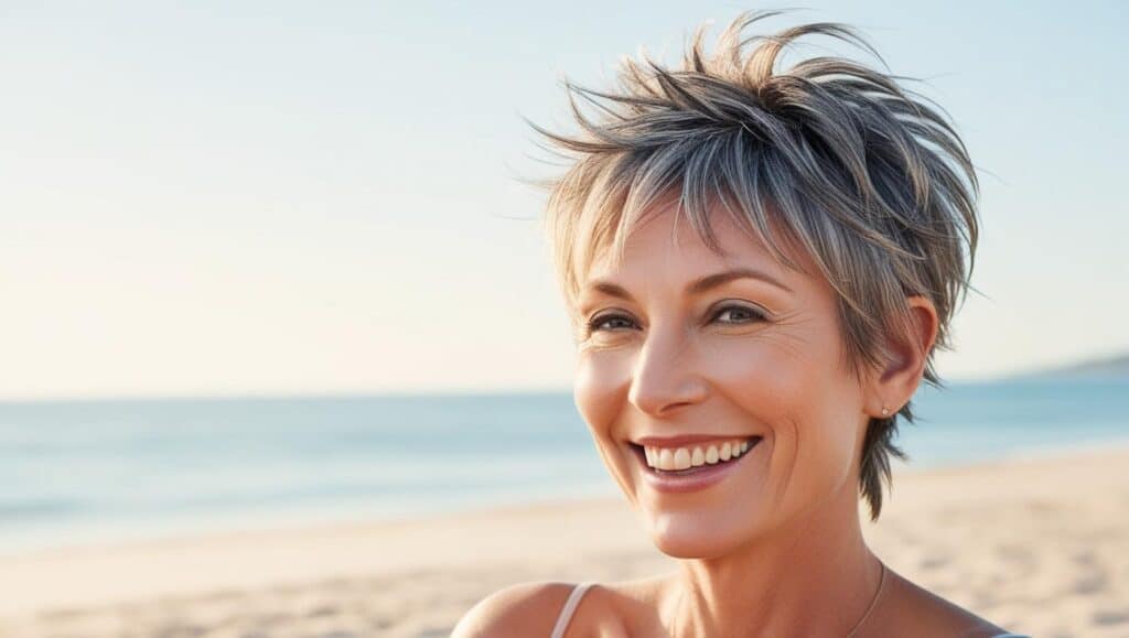 A 66-year-old woman with fine salt-and-pepper hair in a messy textured pixie cut, tousled styling, natural makeup, joyful expression.