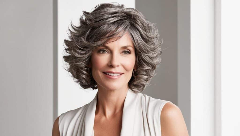 Chic woman over 50 with curly hair in a shaggy shoulder-length cut, voluminous curls, pepper salt color