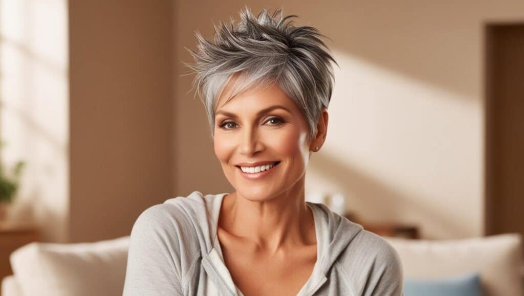 A 61-year-old woman with thick gray hair in a short spiky pixie cut, textured top with height, professional styling, natural makeup, confident smile.