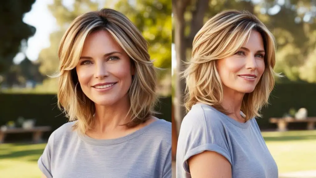 Stylish woman over 50 with wavy hair in a shoulder-length cut with feathered layers, soft waves, warm honey blonde color