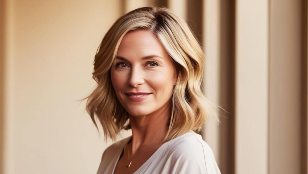 Casual woman over 50 with wavy hair in a shoulder-length cut with a deep side part, defined waves, golden blonde color