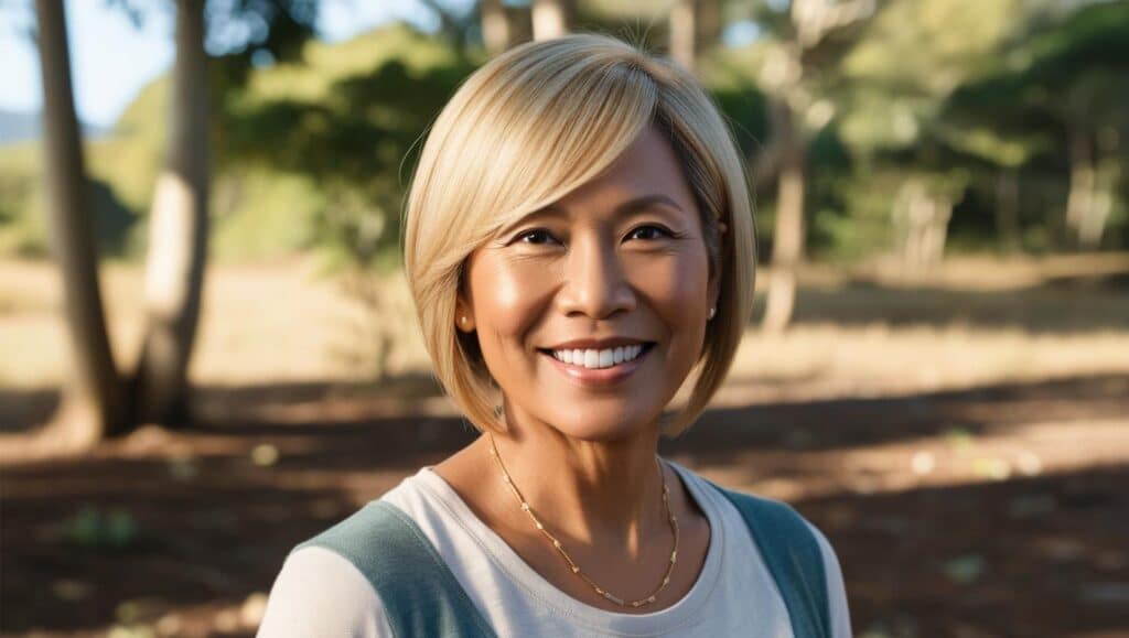 A 60-year-old woman with fine blond hair in a short cut with side-swept bangs, casual styling, natural makeup, warm smile in the woods.