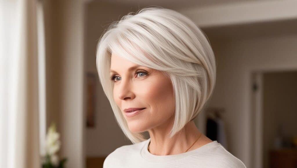 A 63-year-old woman with fine white-blonde hair in a side-swept bob that's shorter in back and longer in front, soft waves, casual photo styling, natural makeup. indoors setting