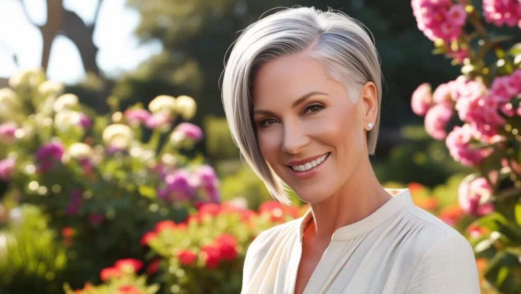 A 63-year-old woman with thick silver hair in a tapered crop cut, shorter on sides with volume on top, professionally styled, elegant makeup, warm smile. outdoor setting.