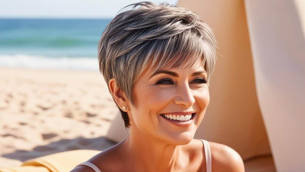 A 63-year-old woman with thick salt-and-pepper hair in a textured pixie cut with soft bangs, piece-y styling, natural makeup, smiling with eyes, at beach.