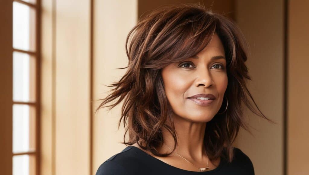 Natural woman over 50 with thick, wavy hair in a thinned-out shoulder-length cut, tousled style, warm chestnut color