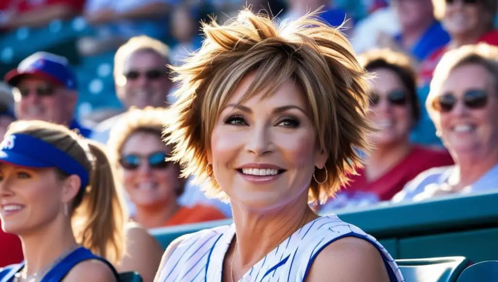 A 62-year-old woman with thick salt-and-pepper hair in a tousled crop cut, piece-y styling, natural makeup, warm smile at a ballgame.