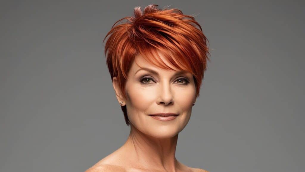 A 62-year-old woman with thick red hair in an undercut pixie with longer top, textured styling, natural makeup, confident expression.