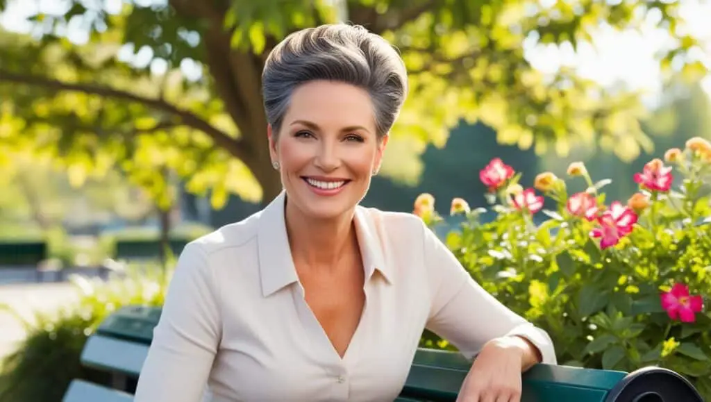 A 64-year-old woman with fine salt-and-pepper hair in a short crop with volume at the crown, professionally styled, smiling confidently, natural makeup. Park setting.