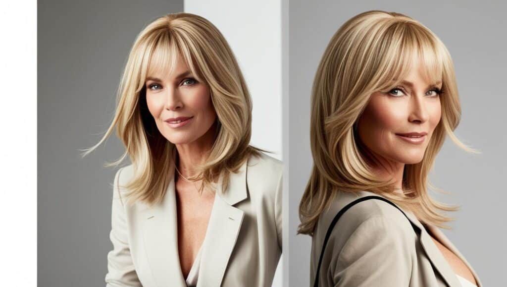 Stylish woman over 50 with thick, wavy hair in a lob cut with soft bangs, honey blonde color.