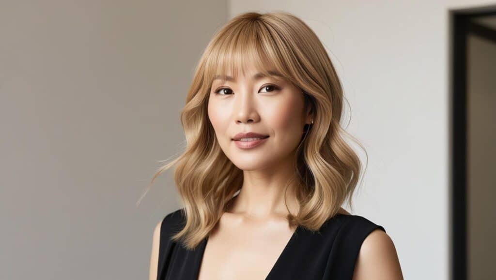 Chic woman over 50 with wavy hair in a lob cut with curtain bangs, styled effortlessly, caramel blonde color