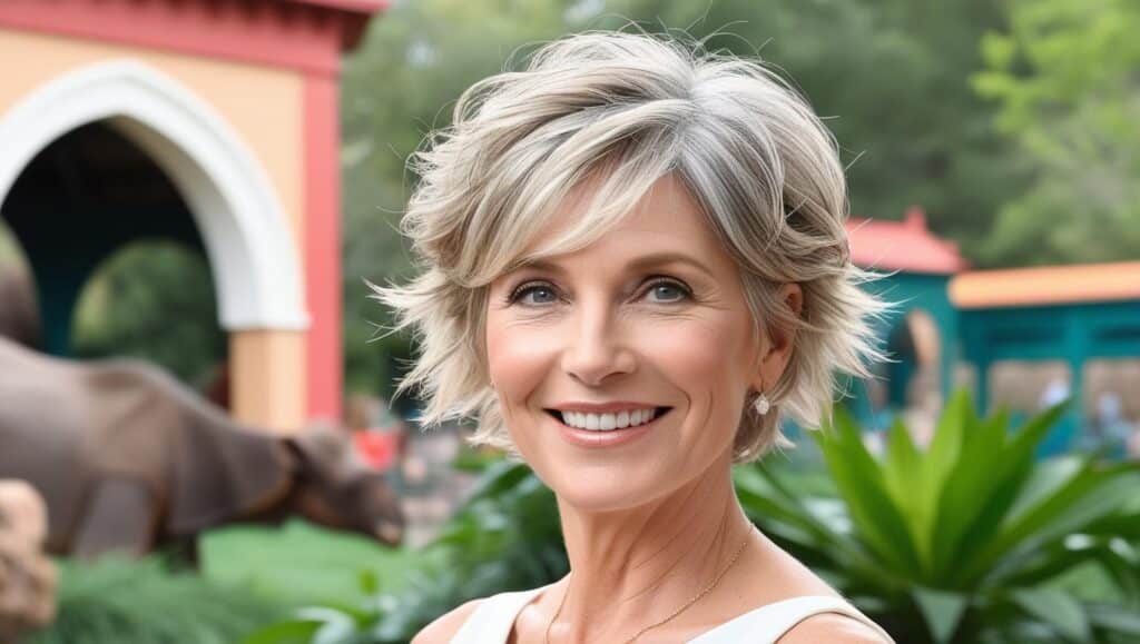 A 63-year-old woman with fine blond-gray hair in a short wavy crop cut, tousled texture, natural styling, light makeup, warm smile at the zoo.