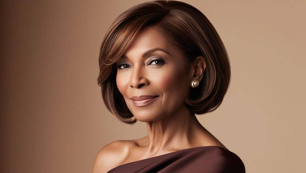 Stylish woman over 50 with fine hair in an angled lob, slightly wavy texture, rich brunette color