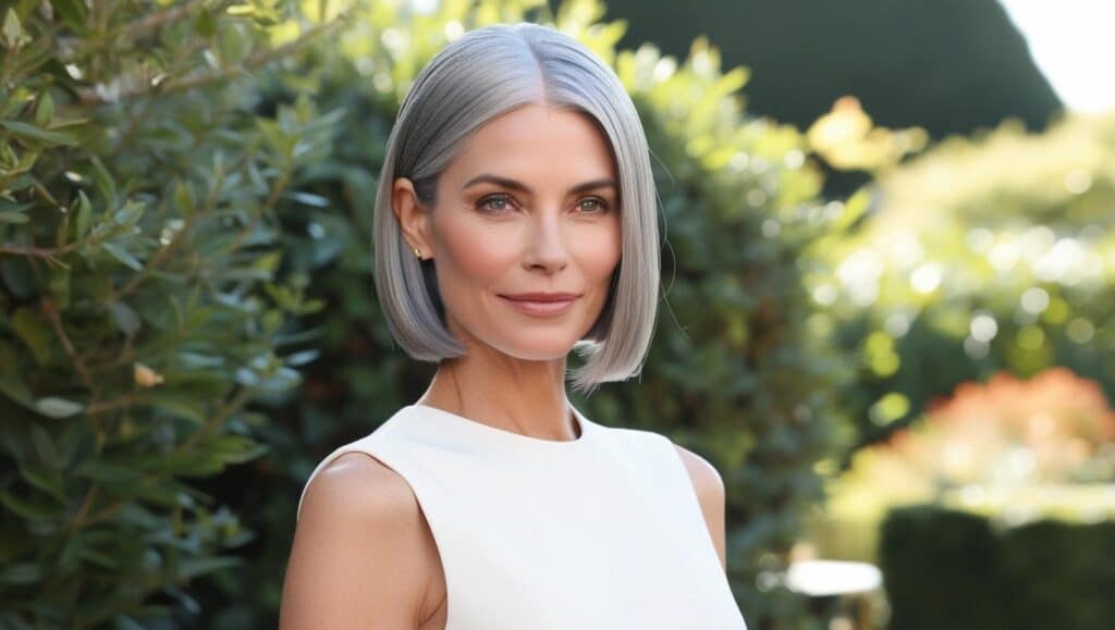 Elegant woman over 50 with fine hair in a blunt lob hairstyle, silver-gray color, styled straight and sleek. Best Medium-Length Hairstyles for Women Over 50.