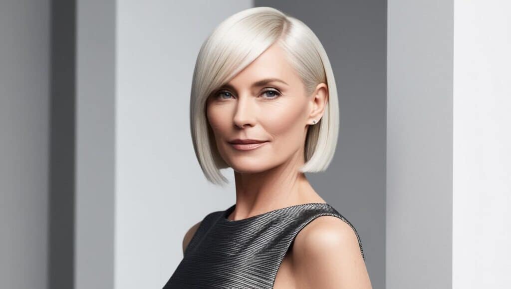 Chic woman over 50 with fine hair in a chin-length lob, sleek style, platinum blonde color.