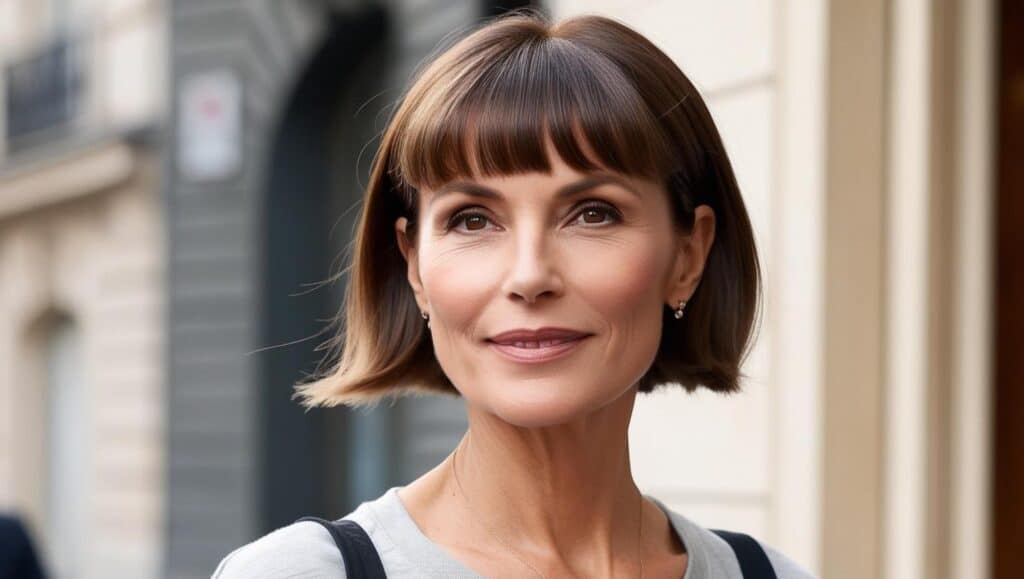 A 64-year-old woman with fine silver hair in a classic French bob cut at jawline with soft fringe, sleek styling, minimal makeup, sophisticated appearance.