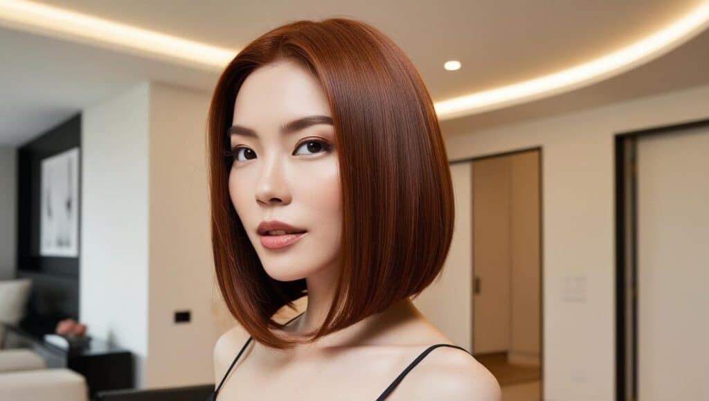 Elegant woman over 50 with thick hair in a classic shoulder-length bob, sleek style, rich auburn color