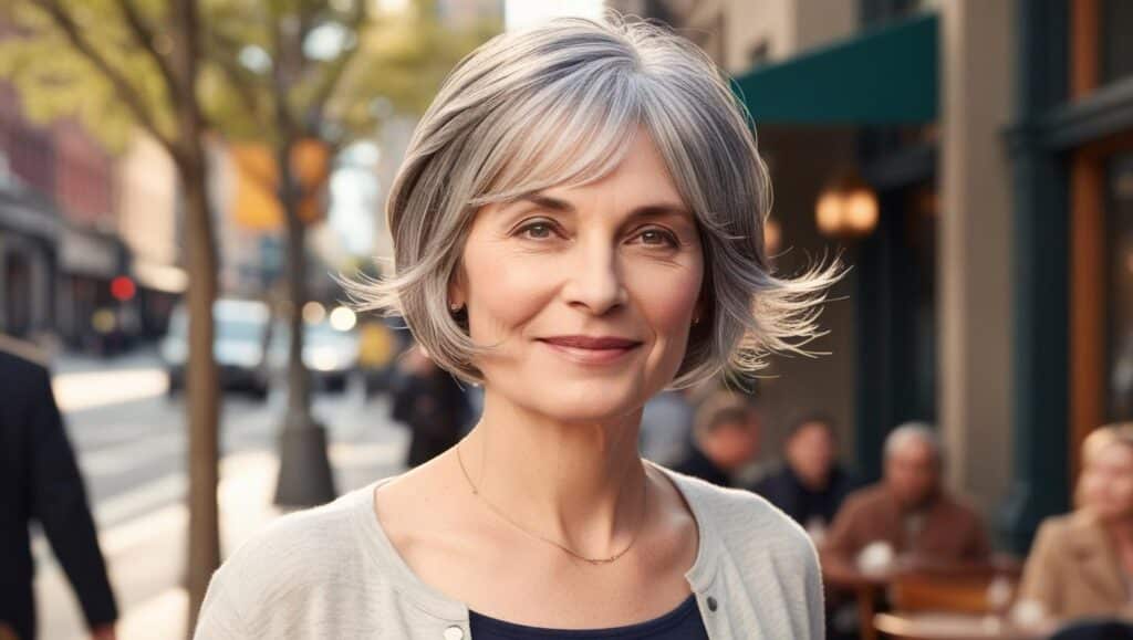 A 64-year-old woman with fine gray hair styled in a chin-length bob with wispy, feathered bangs, soft natural styling, casual appearance, minimal makeup. City setting.