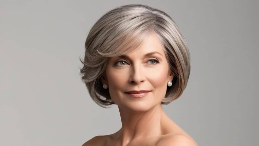 Elegant woman over 50 with fine hair in a feathered bob, styled with soft movement, warm gray color.