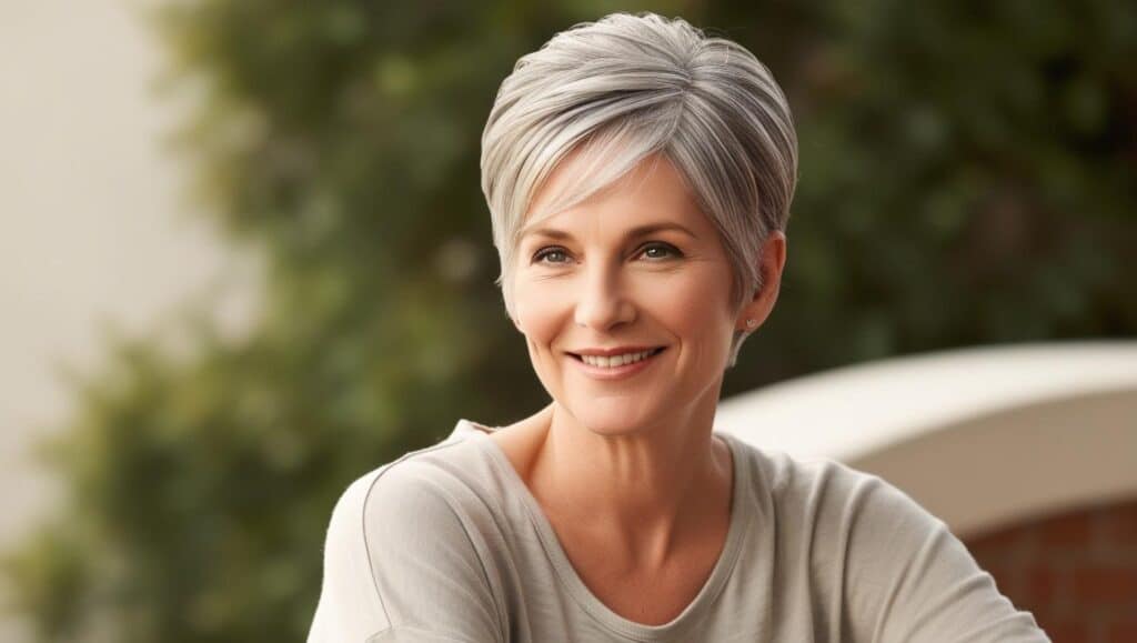 A 65-year-old woman with fine silver-gray hair styled in a layered pixie cut with volume on top, photographed in natural lighting outdoors, casual photo style. Short Haircuts for Women Over 60.