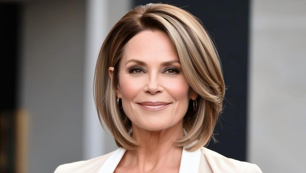 A 62-year-old woman with thick bown hair in a layered lob, soft movement, professional styling, natural makeup, confident expression.