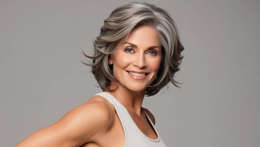 A 64-year-old woman with thick wavy gray hair in a layered bob, loose waves, professional styling, natural makeup, confident smile.