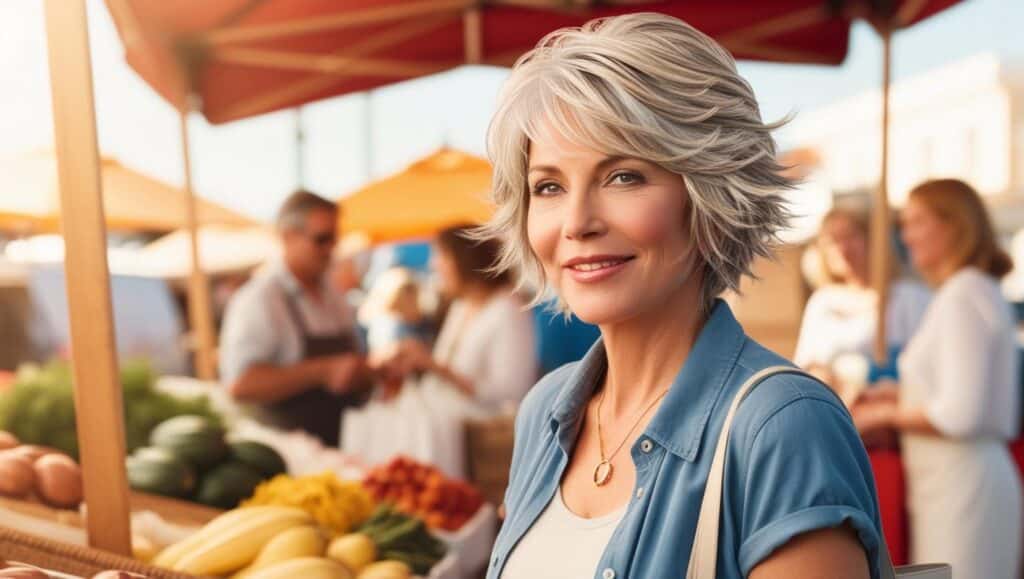 A 63-year-old woman with blond wavy gray hair in a short feathered shag cut with layers, tousled styling, minimal makeup, casual appearance while shopping.