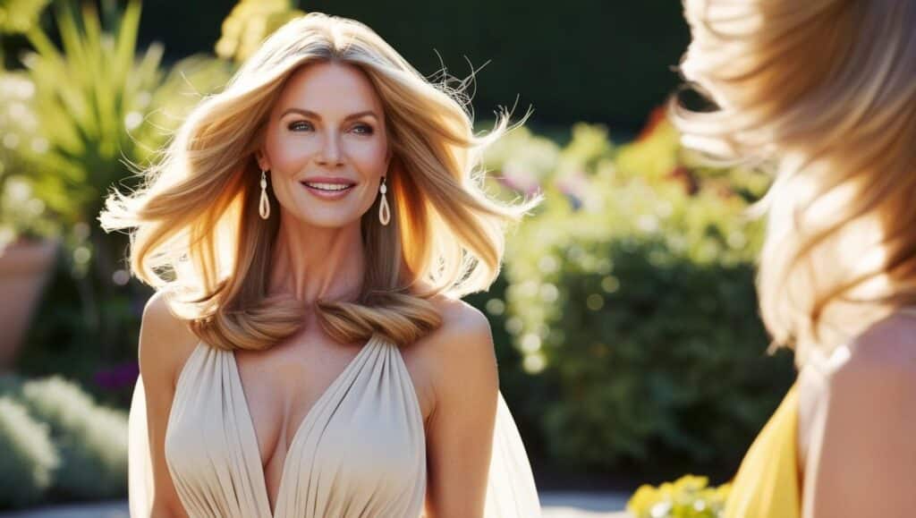 Stylish woman over 50 with thick hair in a shoulder-length cut with flipped ends, bouncy style, golden blonde color