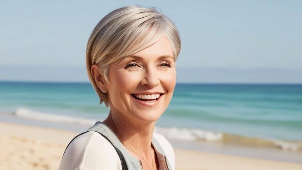 A 64-year-old woman with fine white-gray hair in a side-parted pixie cut, elegant styling, soft natural makeup, joyful expression