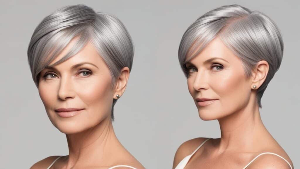 A 45-year-old woman with fine silver hair in a side-swept pixie cut with longer fringe, chic styling, soft natural makeup, soft expression.